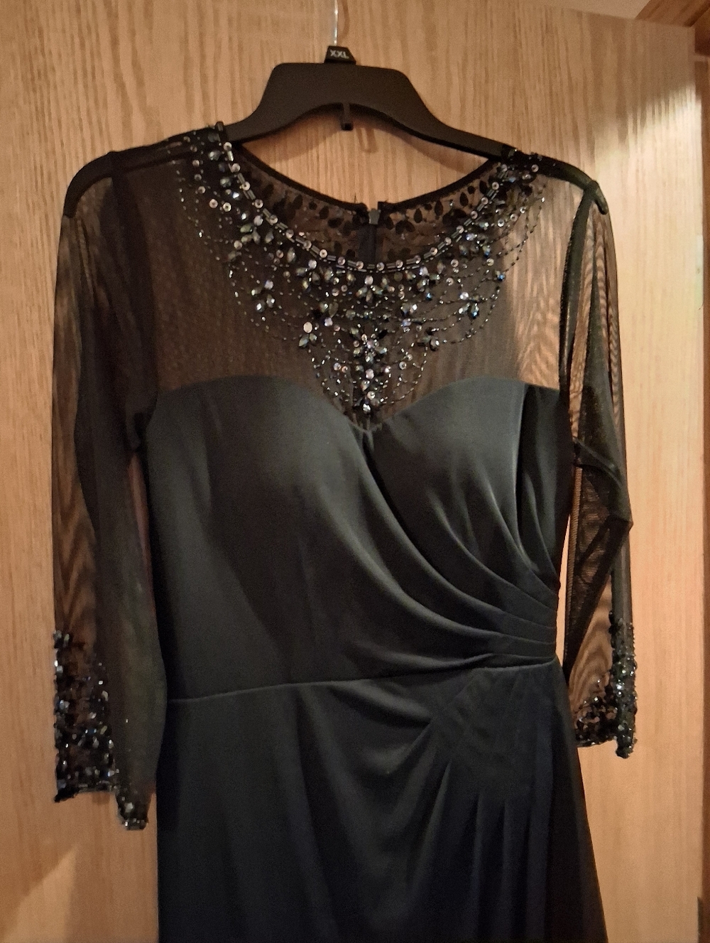 Patra Navy Blue Sequin maxi Gown Sheer Sleeve and top, Size 8. Glam